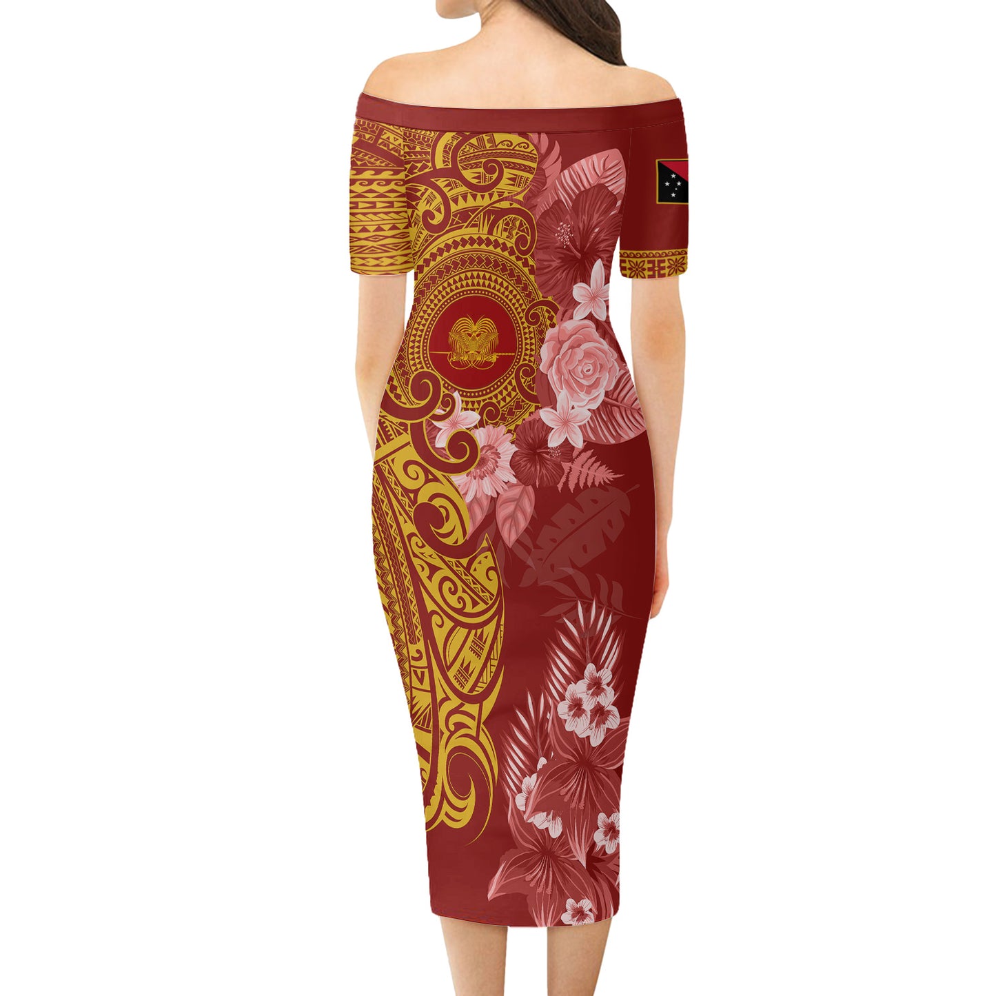Papua New Guinea Short Sleeve Off The Shoulder Lady Dress Polynesian Tropical Plumeria Tribal Red