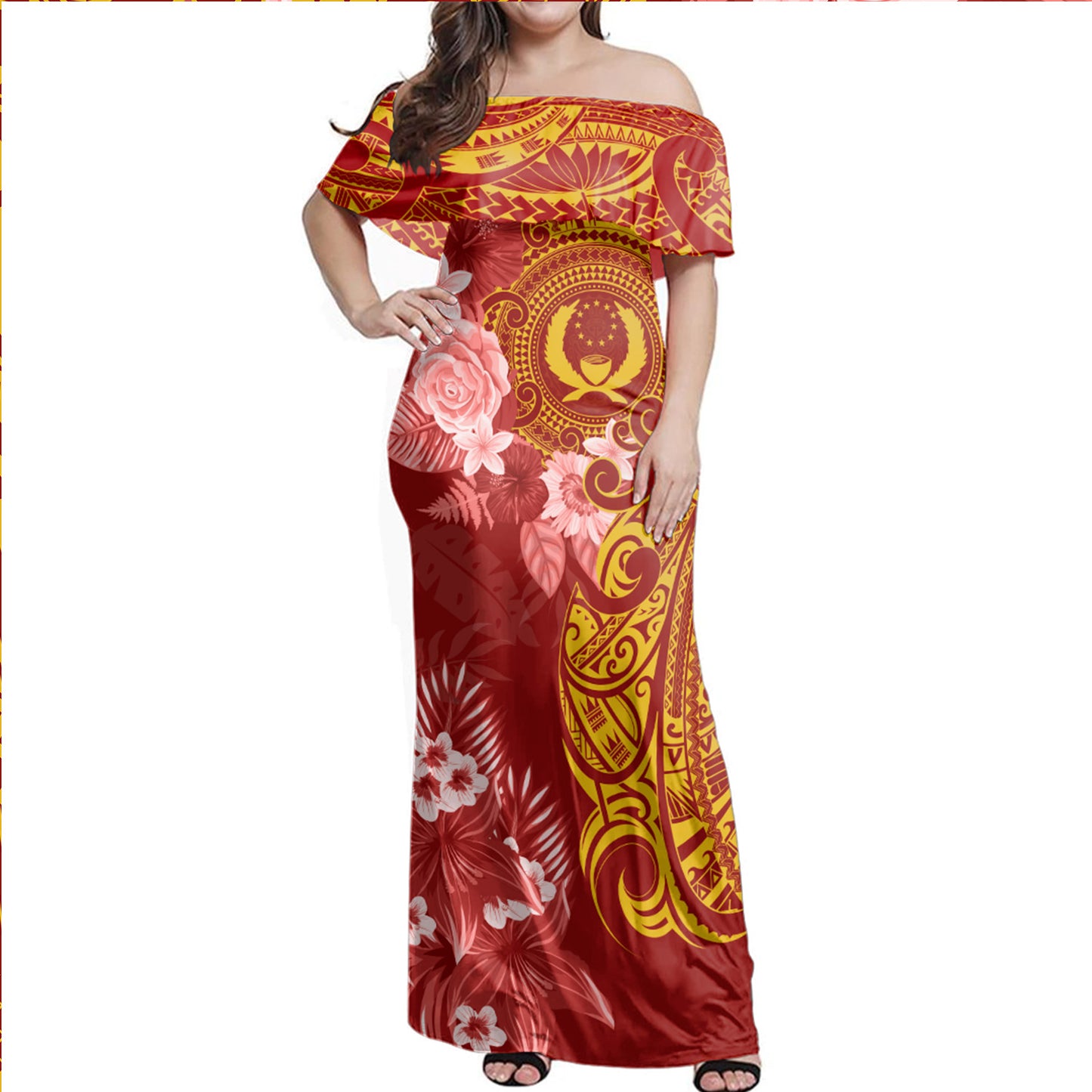Pohnpei State Combo Off Shoulder Long Dress And Shirt Polynesian Tropical Plumeria Tribal Red