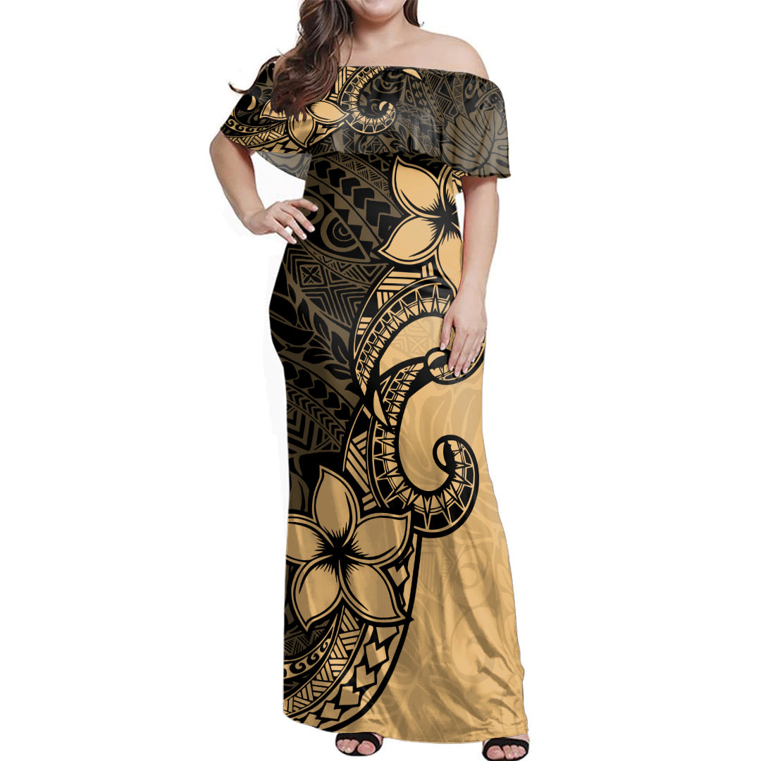 Hawaii  Woman Off Shoulder Long Dress Tribal Plumeria
