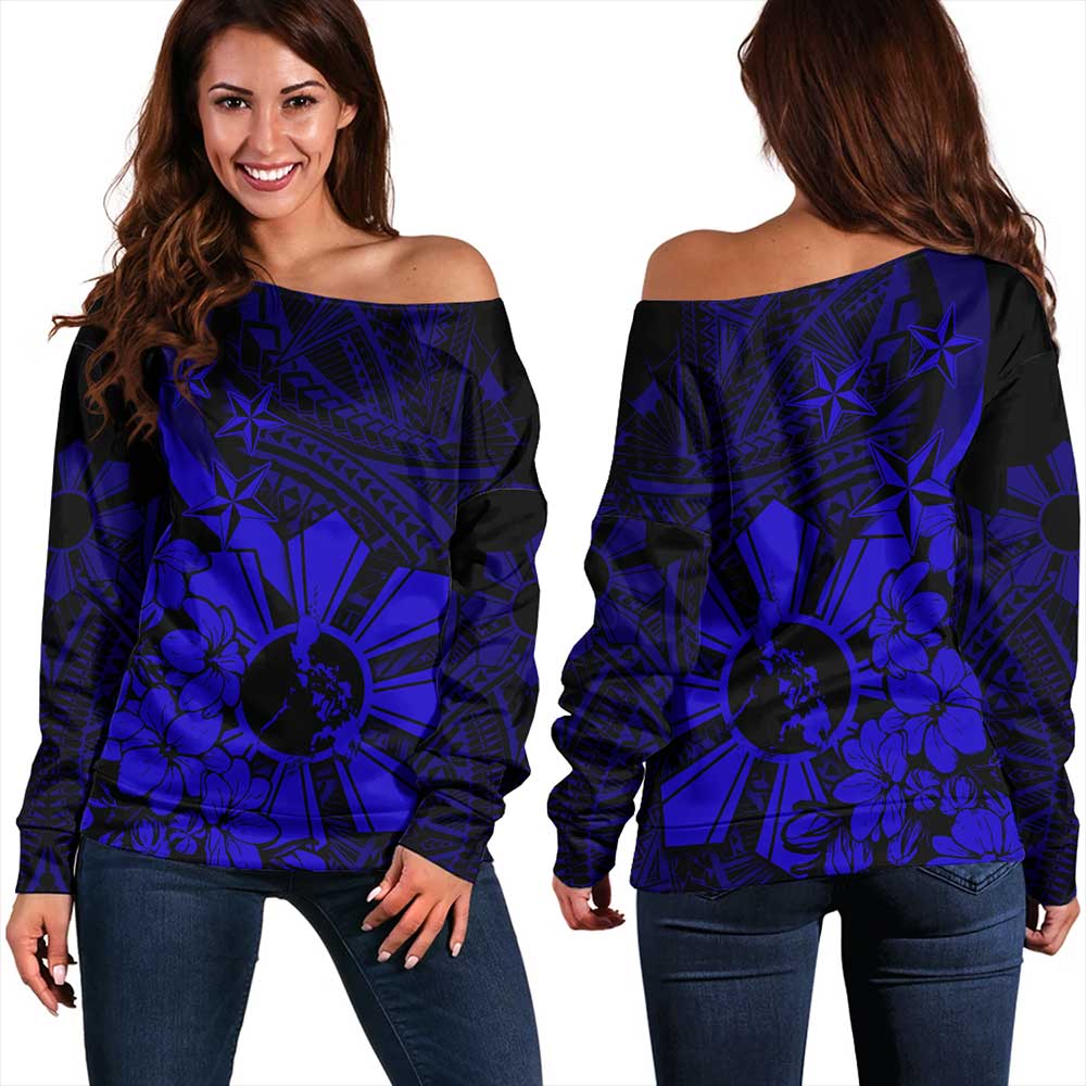 Philippines Off Shoulder Sweatshirt Polynesian Pattern Filipino Sampaguita