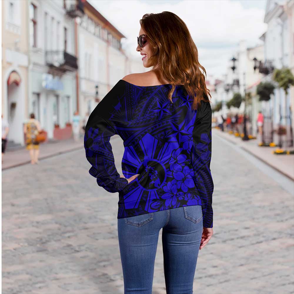 Philippines Off Shoulder Sweatshirt Polynesian Pattern Filipino Sampaguita