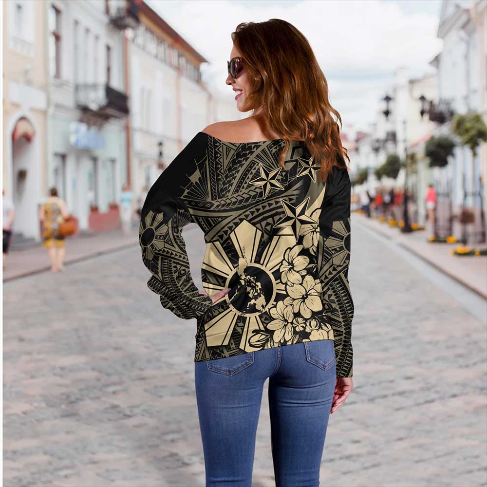 Philippines Off Shoulder Sweatshirt Polynesian Pattern Filipino Sampaguita
