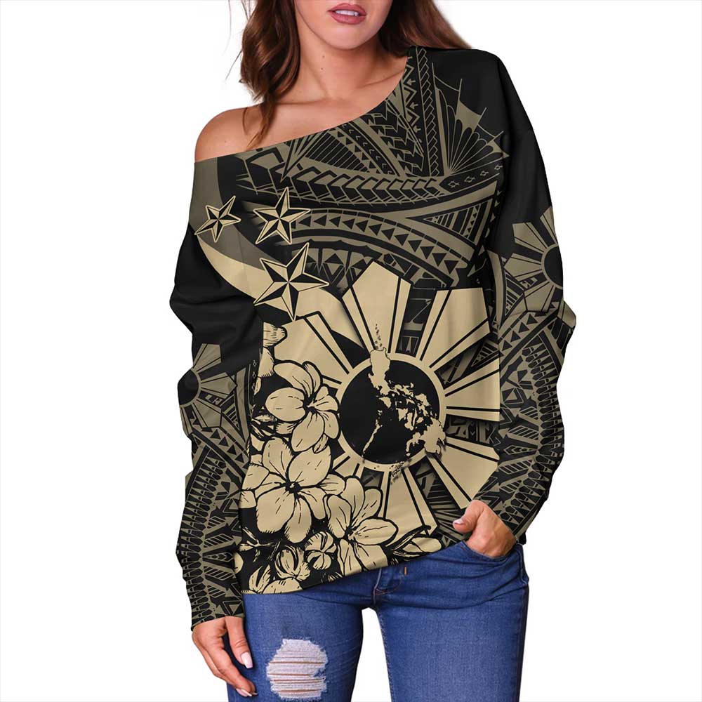 Philippines Off Shoulder Sweatshirt Polynesian Pattern Filipino Sampaguita