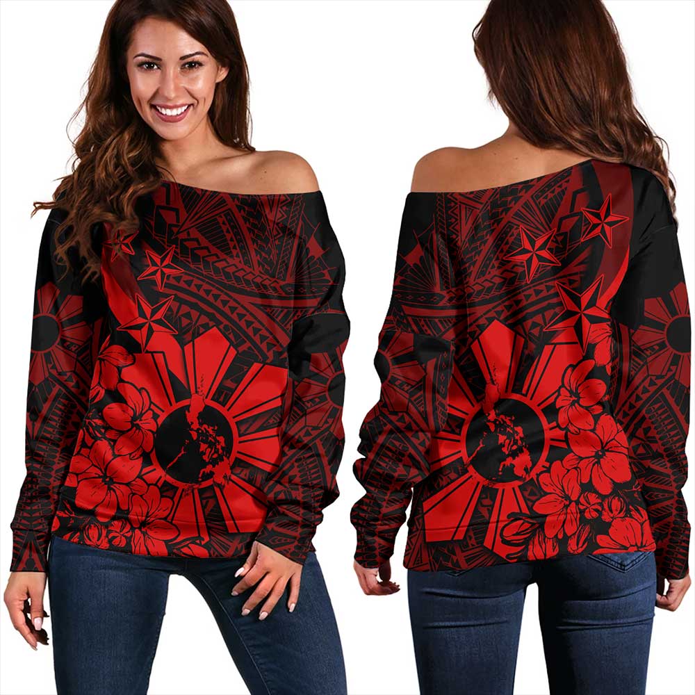 Philippines Off Shoulder Sweatshirt Polynesian Pattern Filipino Sampaguita