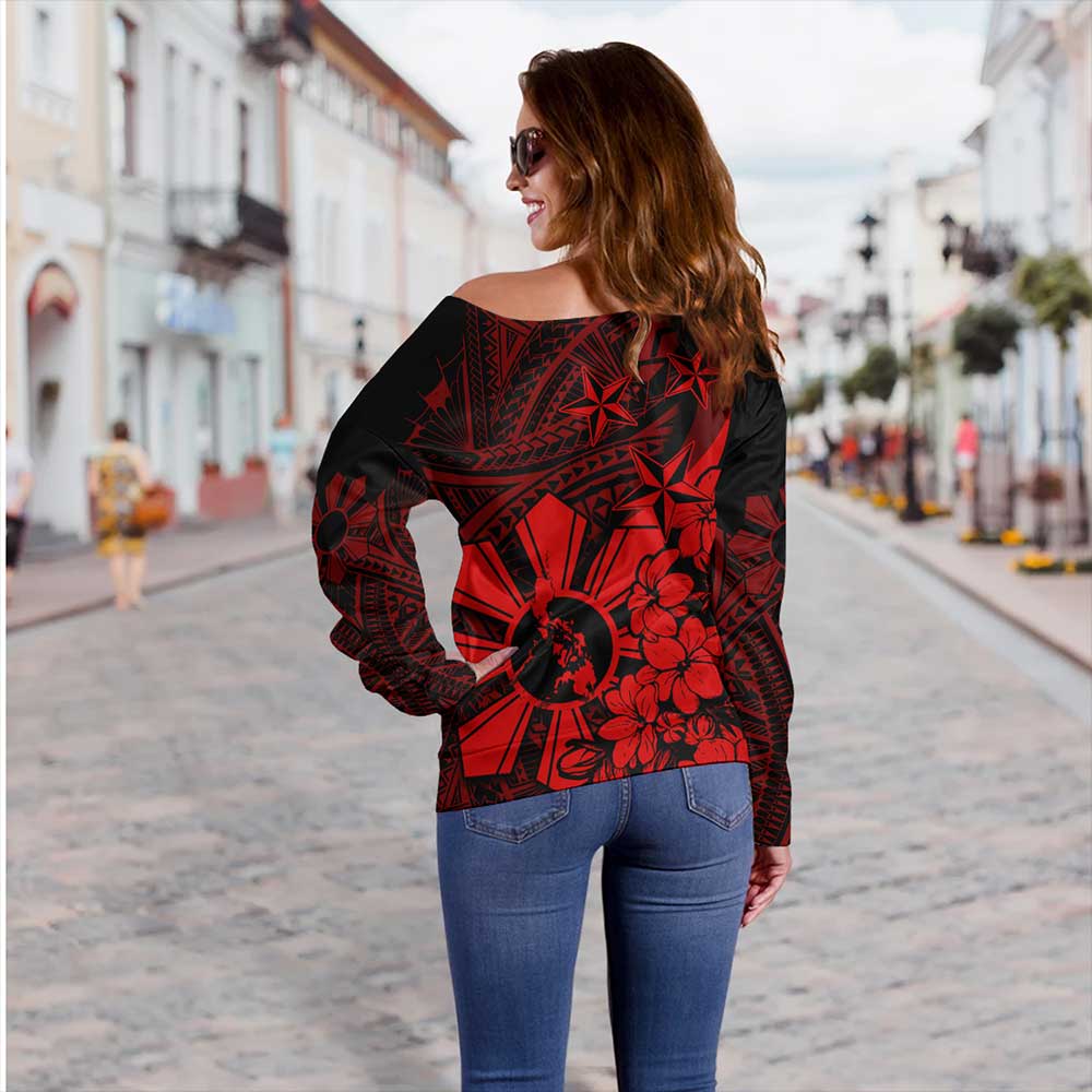 Philippines Off Shoulder Sweatshirt Polynesian Pattern Filipino Sampaguita