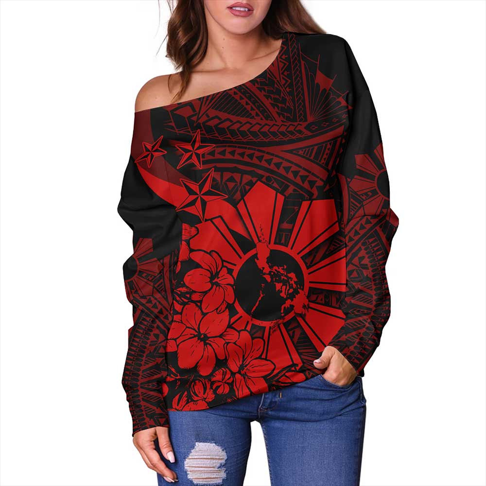Philippines Off Shoulder Sweatshirt Polynesian Pattern Filipino Sampaguita