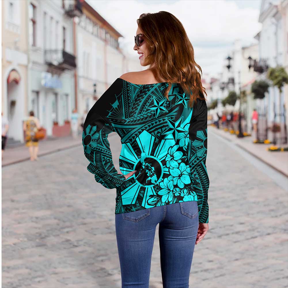 Philippines Off Shoulder Sweatshirt Polynesian Pattern Filipino Sampaguita