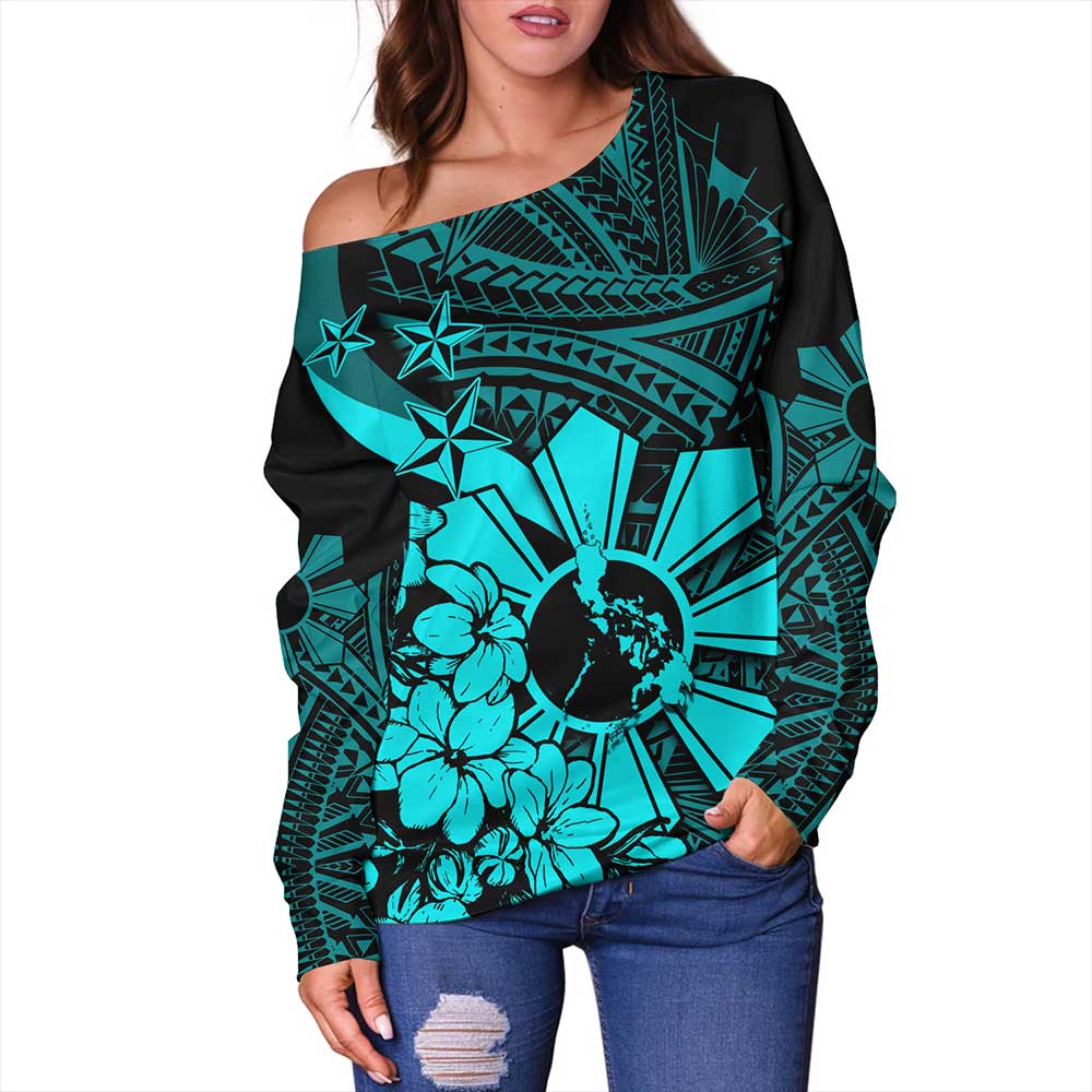Philippines Off Shoulder Sweatshirt Polynesian Pattern Filipino Sampaguita