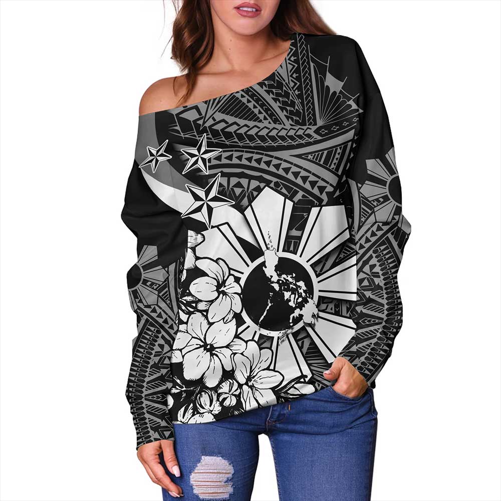 Philippines Off Shoulder Sweatshirt Polynesian Pattern Filipino Sampaguita