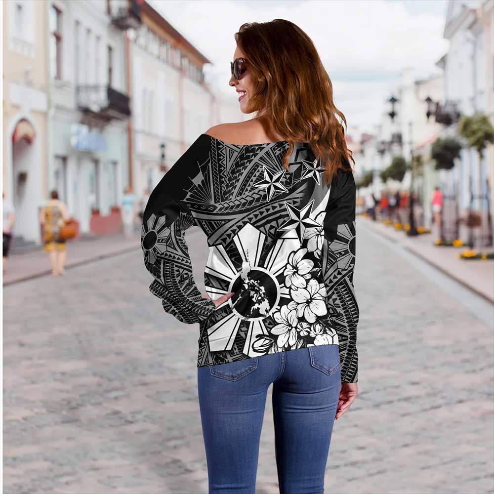 Philippines Off Shoulder Sweatshirt Polynesian Pattern Filipino Sampaguita