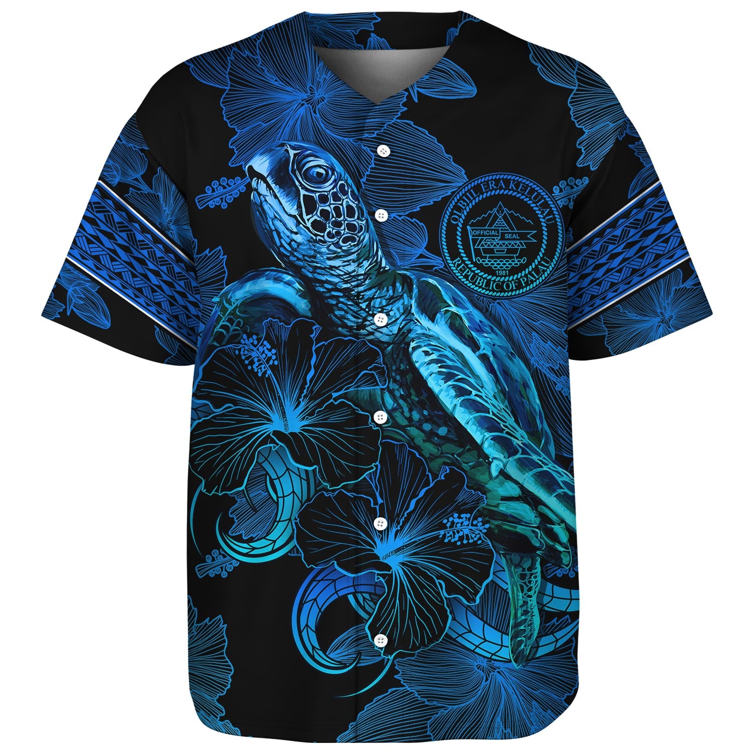 Palau Baseball Shirt Sea Turtle With Blooming Hibiscus Flowers Tribal Blue