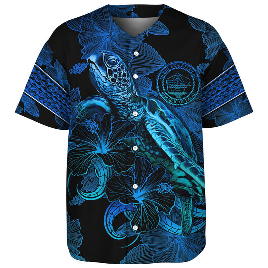 Palau Baseball Shirt Sea Turtle With Blooming Hibiscus Flowers Tribal Blue