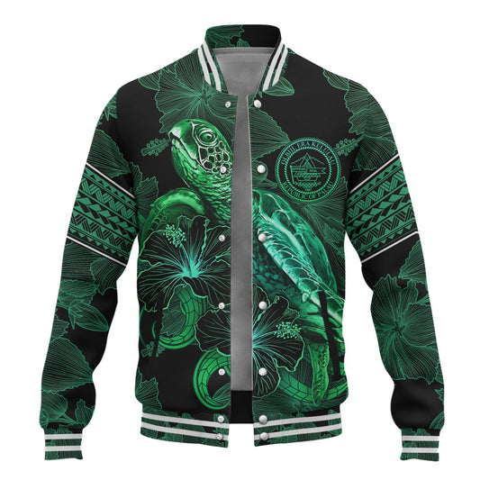 Palau Baseball Jacket  Sea Turtle With Blooming Hibiscus Flowers Tribal Green