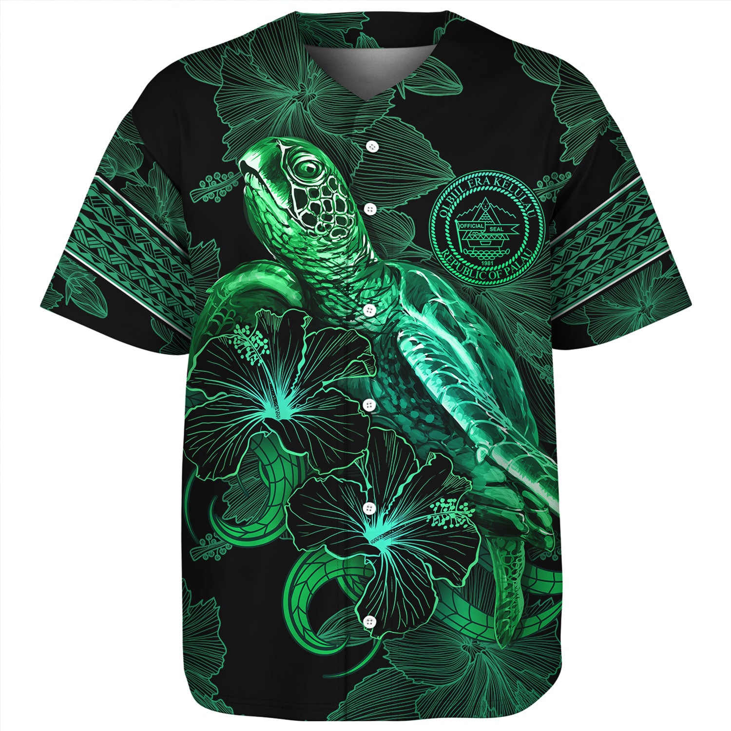 Palau Baseball Shirt  Sea Turtle With Blooming Hibiscus Flowers Tribal Green