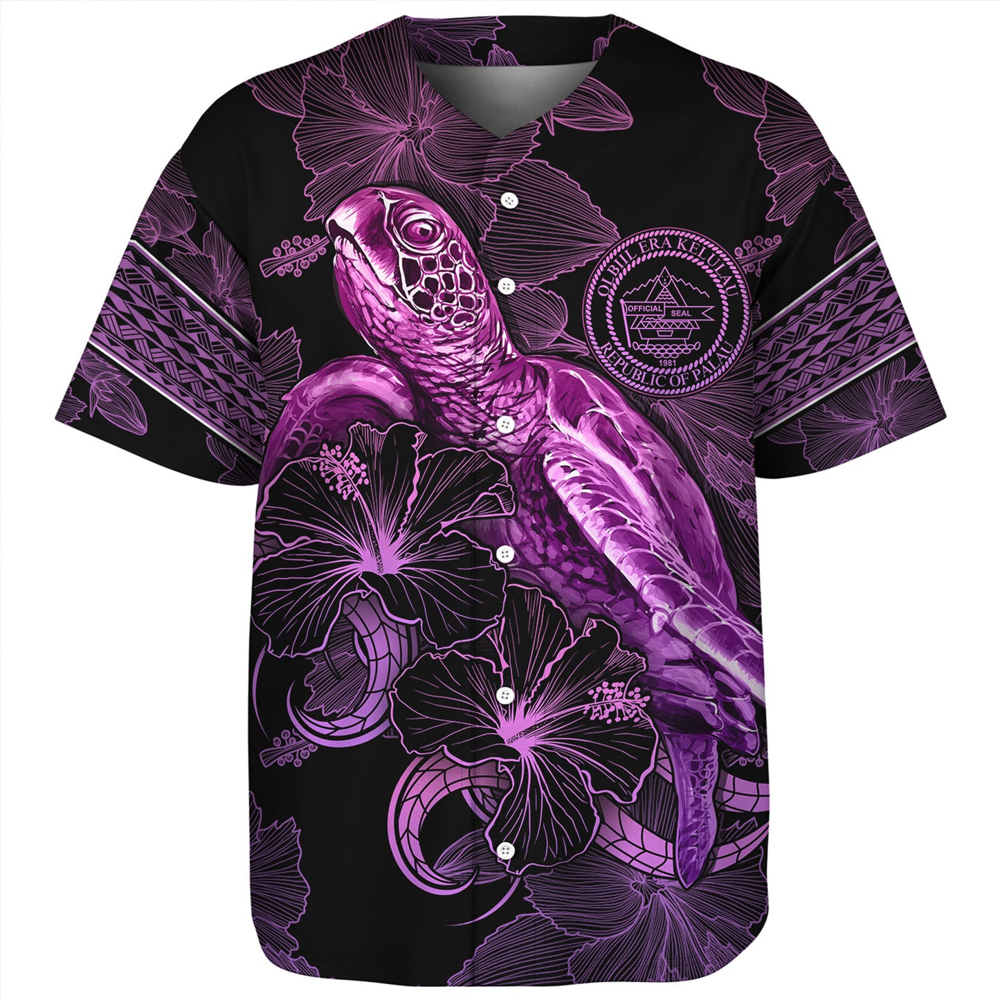 Palau Baseball Shirt Sea Turtle With Blooming Hibiscus Flowers Tribal Purple