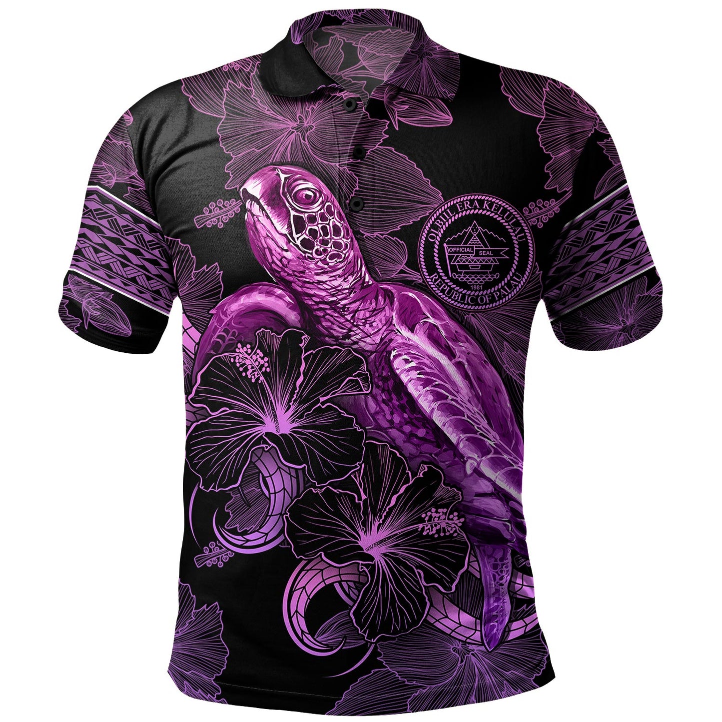 Palau Polo Shirt Sea Turtle With Blooming Hibiscus Flowers Tribal Purple