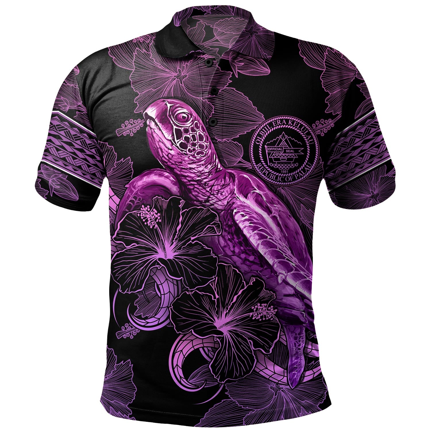 Palau Polo Shirt Sea Turtle With Blooming Hibiscus Flowers Tribal Purple