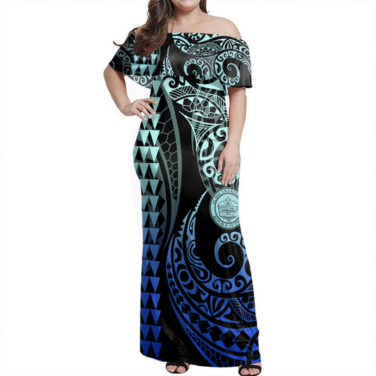 Palau Off Shoulder Long Dress Kakau Style Gradient Blue