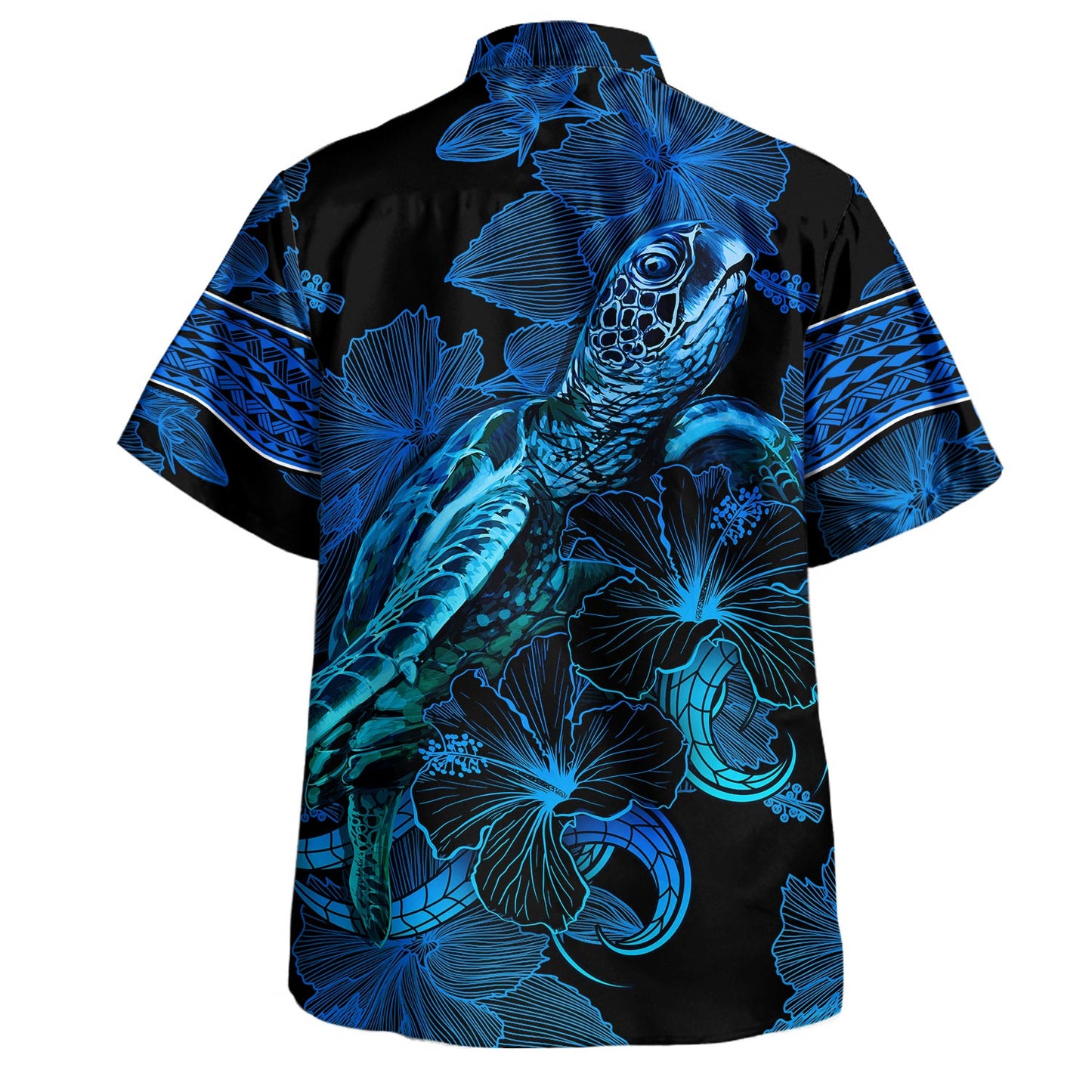 Palau Combo Puletasi And Shirt Sea Turtle With Blooming Hibiscus Flowers Tribal Blue