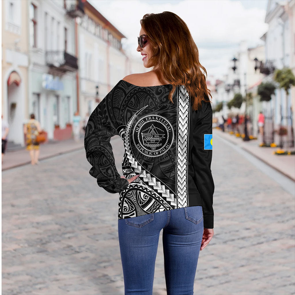 Palau Off Shoulder Sweatshirt Tribal Micronesian Coat Of Arms