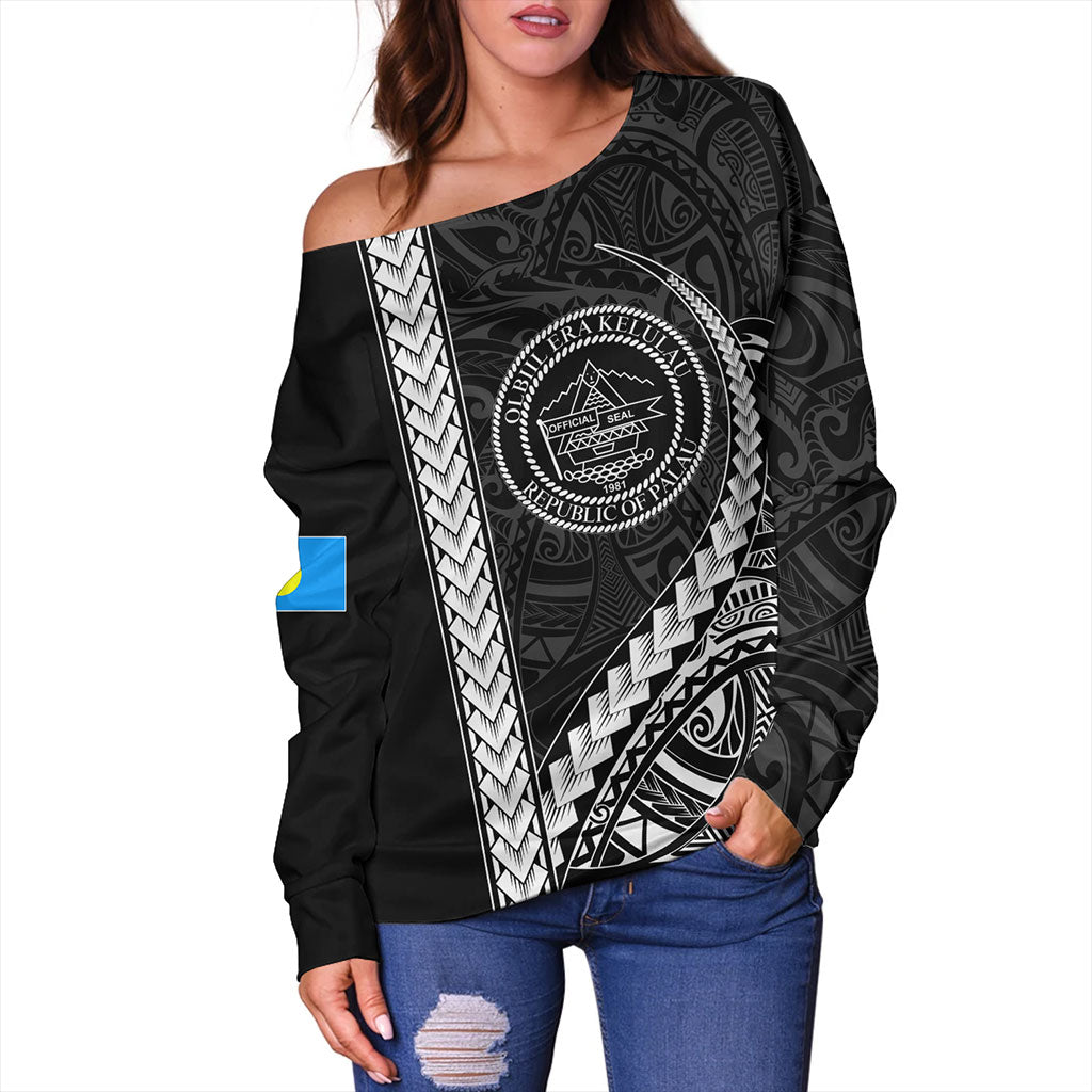 Palau Off Shoulder Sweatshirt Tribal Micronesian Coat Of Arms