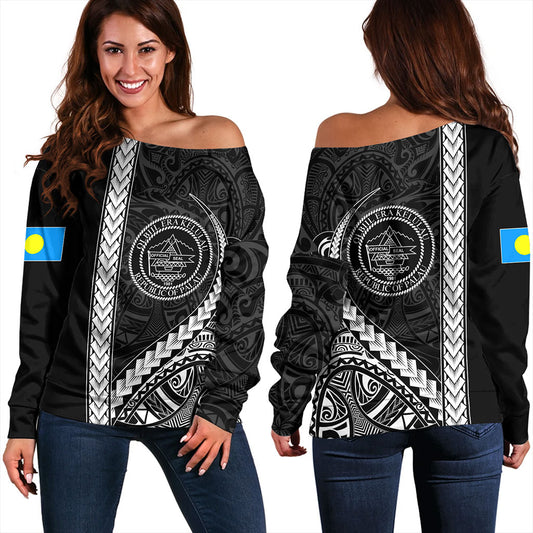 Palau Off Shoulder Sweatshirt Tribal Micronesian Coat Of Arms