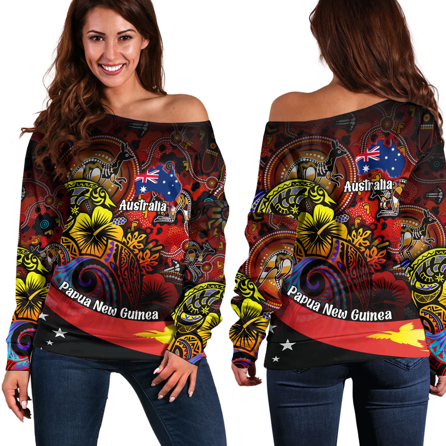 Papua New Guinea And Australia Birds Of Paradise With Aboriginal Off Shoulder Sweatshirt