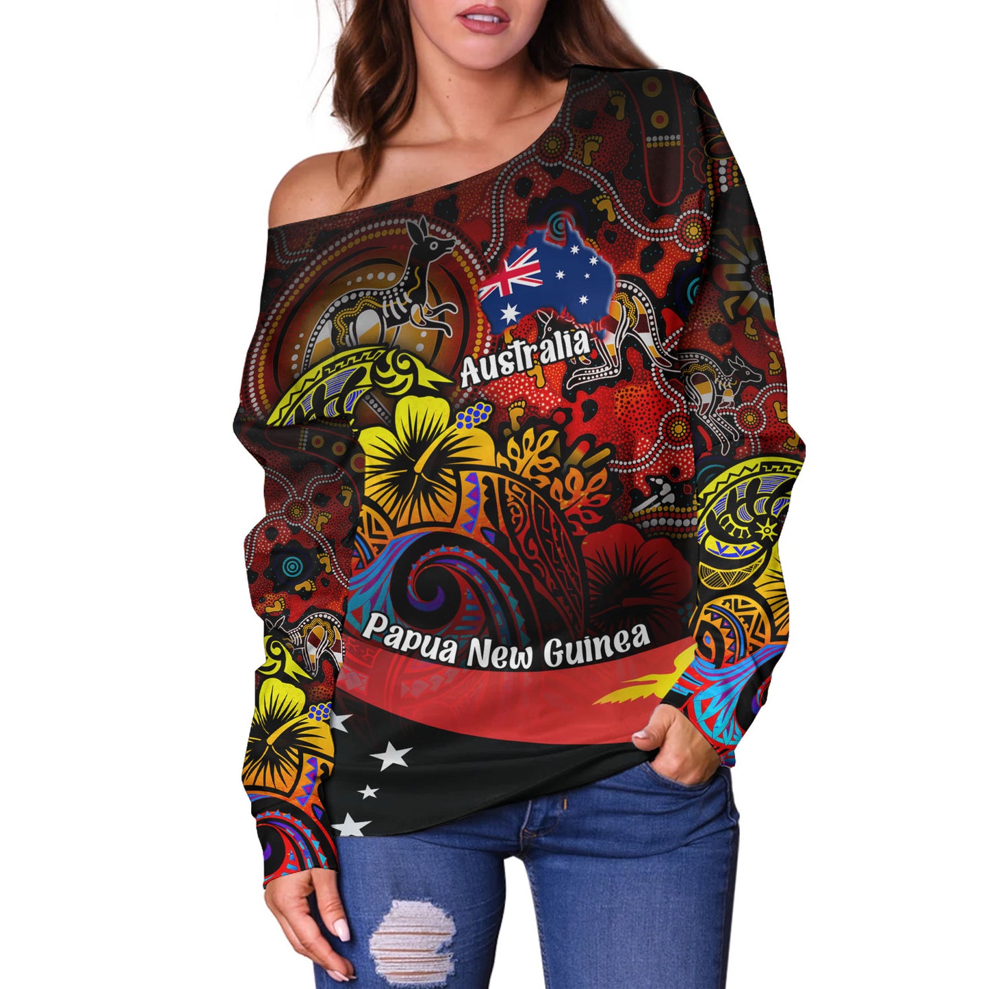 Papua New Guinea And Australia Birds Of Paradise With Aboriginal Off Shoulder Sweatshirt
