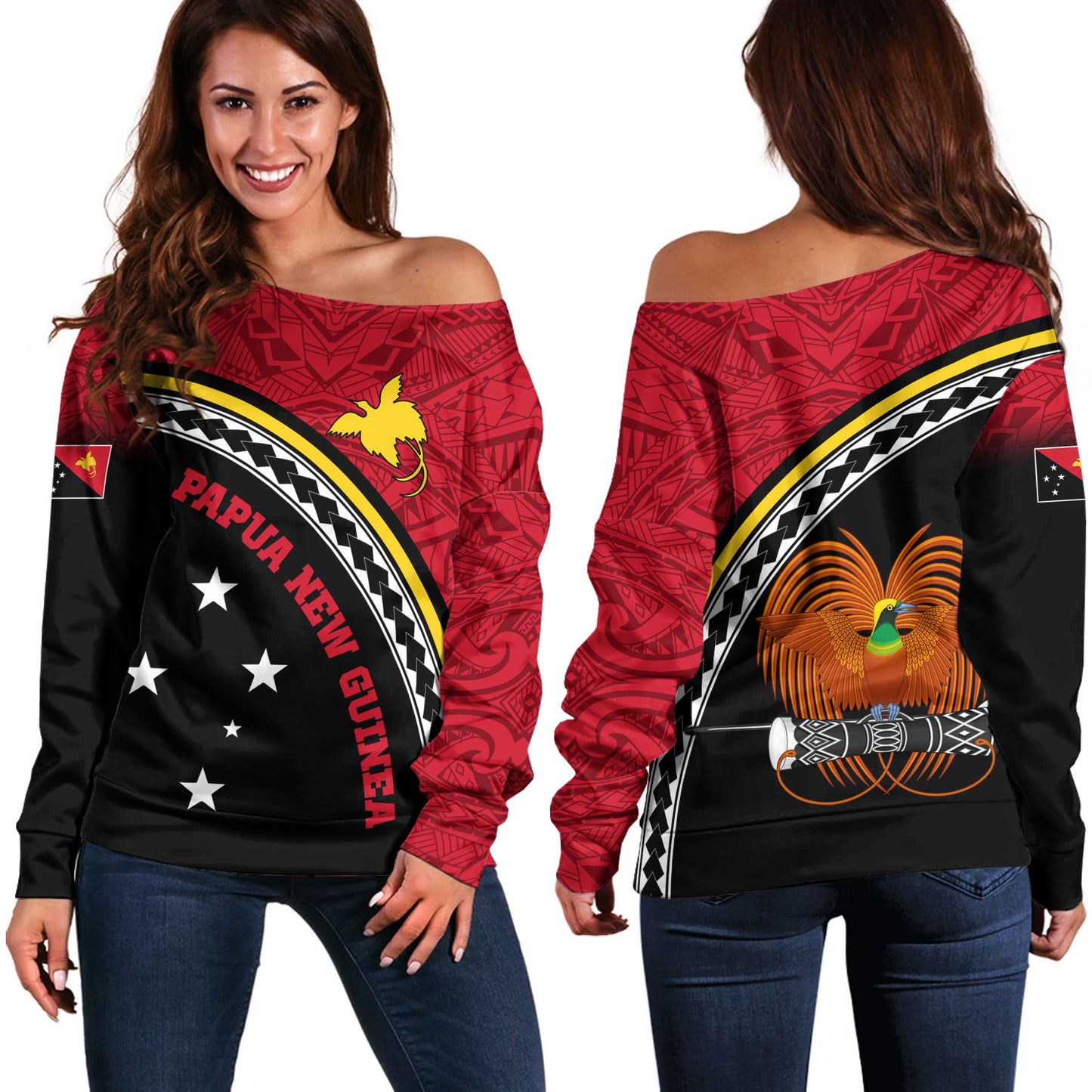 Papua New Guinea Custom Personalised Off Shoulder Sweatshirt Polynesian Tribal Patterns Curve Style