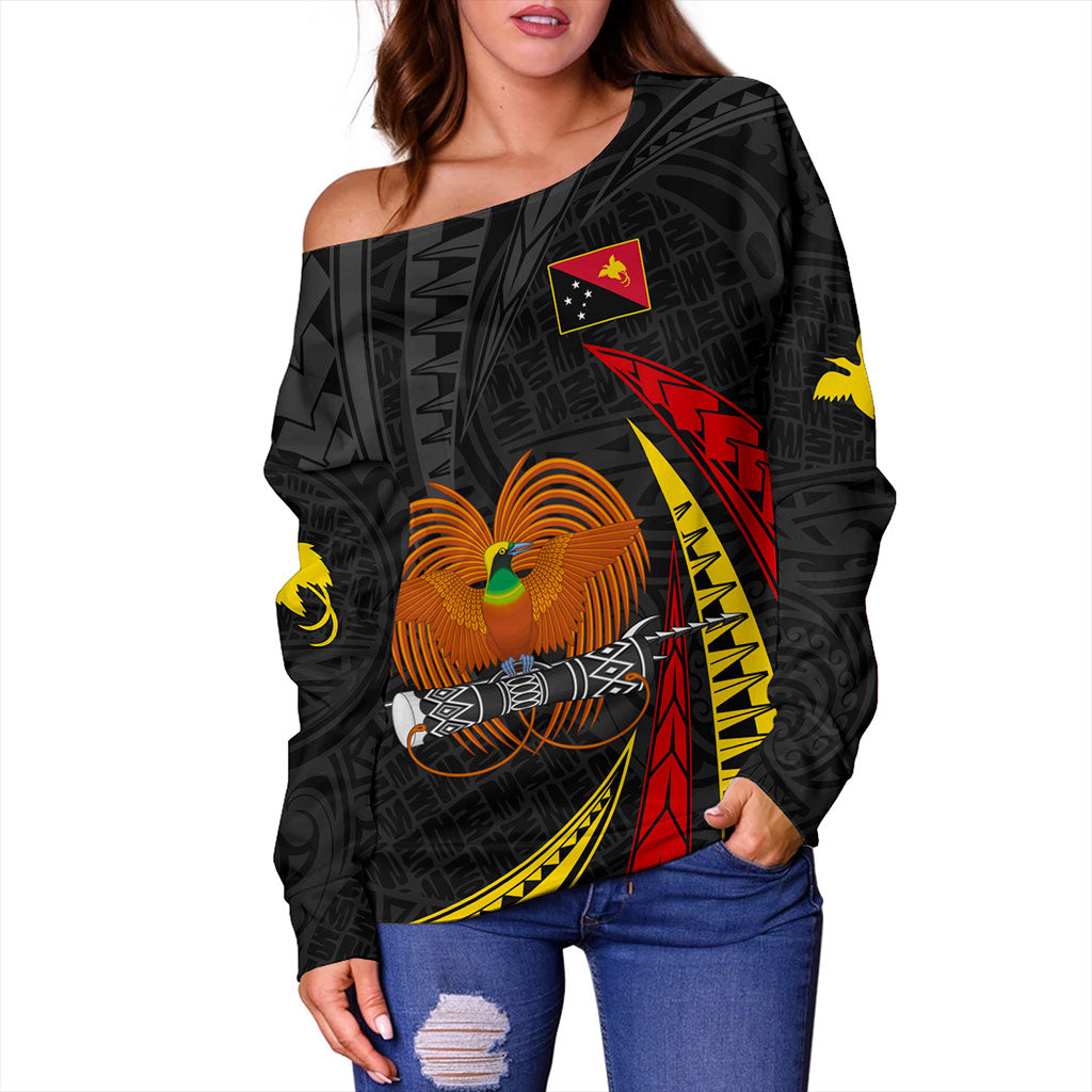Papua New Guinea Off Shoulder Sweatshirt Tribal Wave Pattern