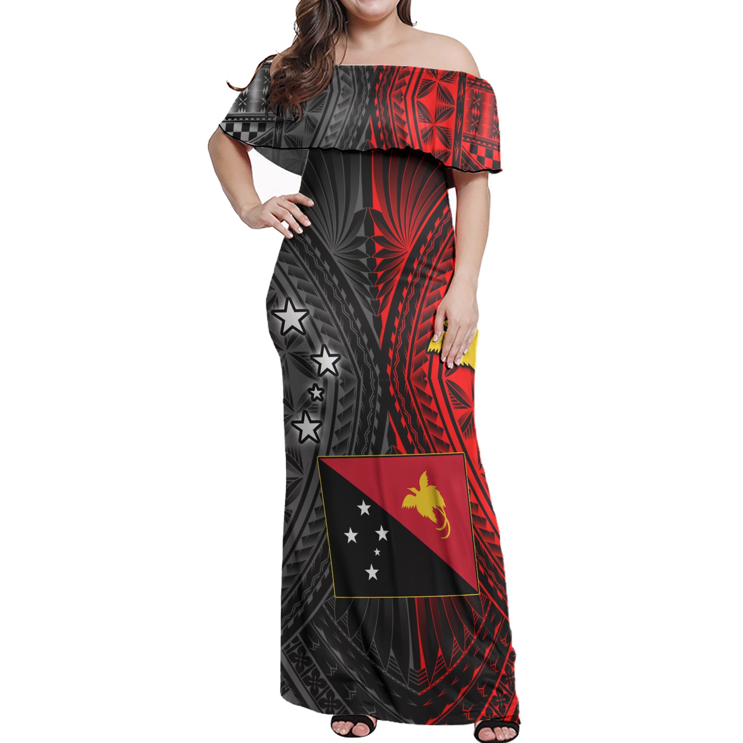 Papua New Guinea Seal With Flag Polynesian Pattern Women Off Shoulder Long Dress