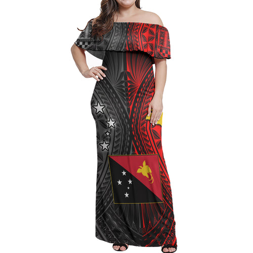 Papua New Guinea Seal With Flag Polynesian Pattern Women Off Shoulder Long Dress