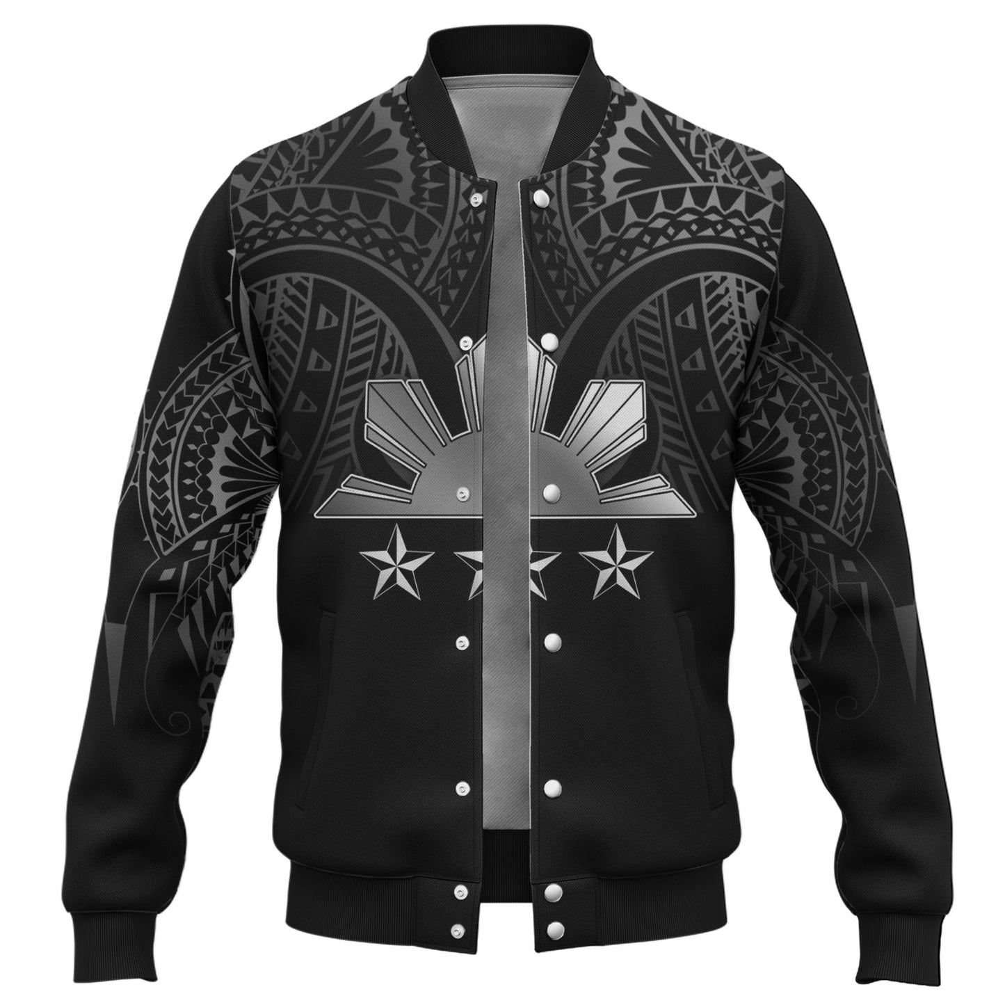 Philippines Filipinos Custom Personalised Baseball Jacket Black Sun And Stars Tribal Tatau Design