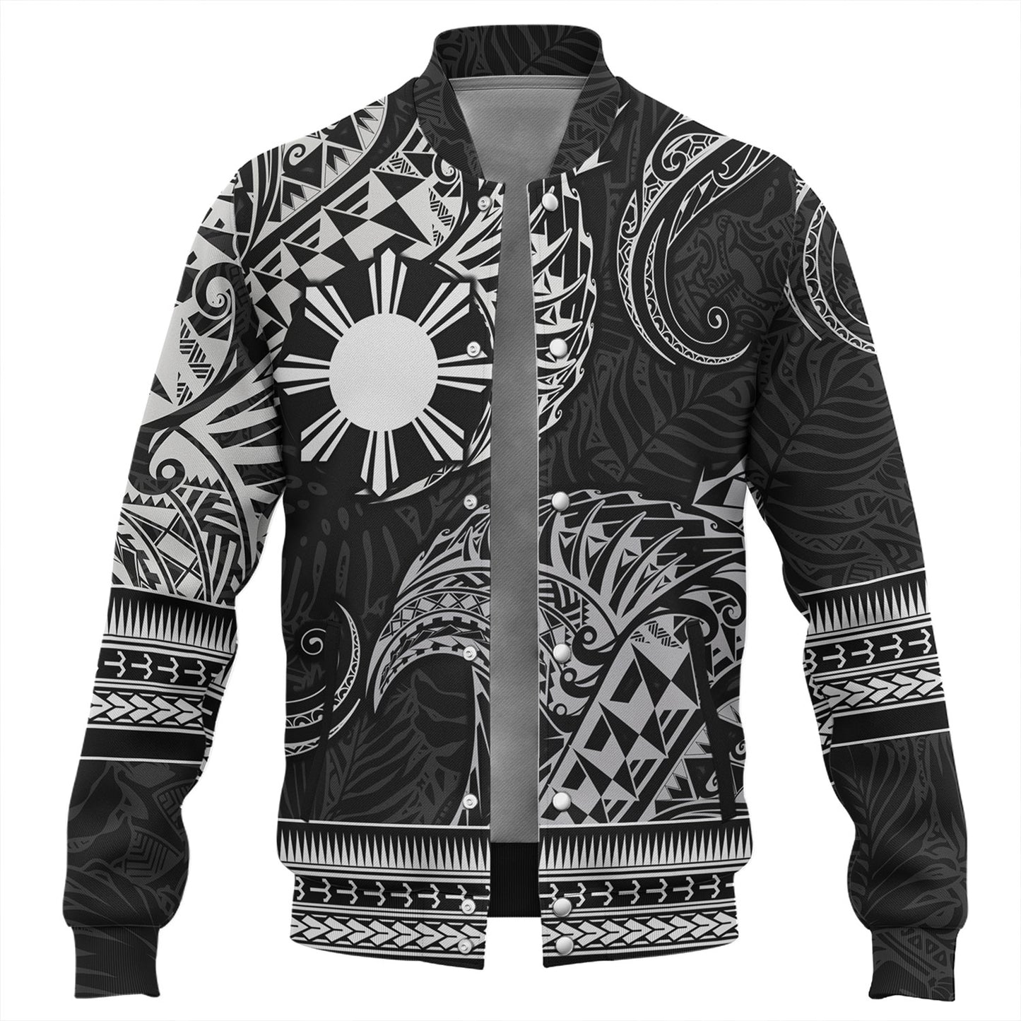 Philippines Filipinos Baseball Jacket Filipino Coat Of Arms With Leaves and Tribal Patterns