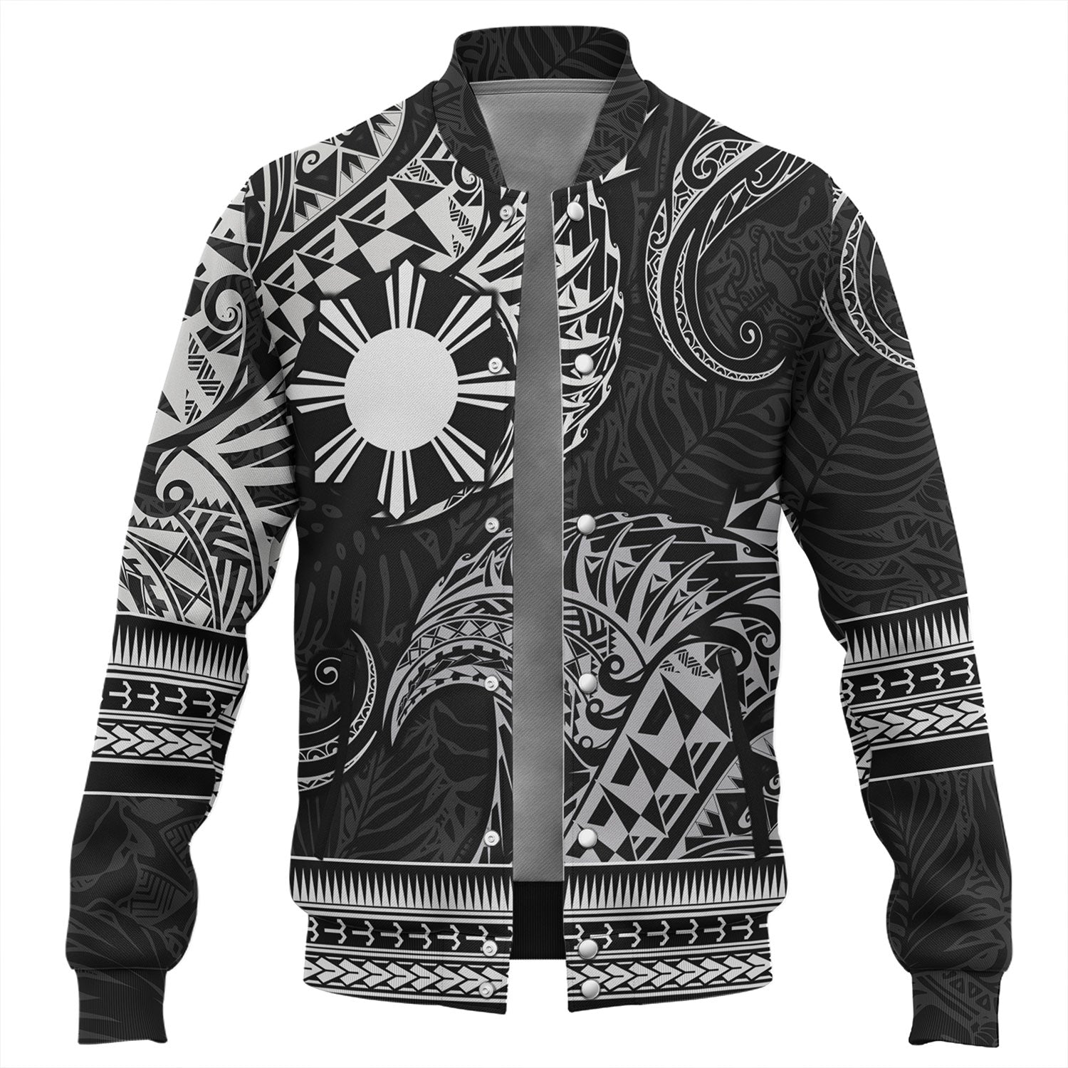 Philippines Filipinos Baseball Jacket Filipino Coat Of Arms With Leaves and Tribal Patterns