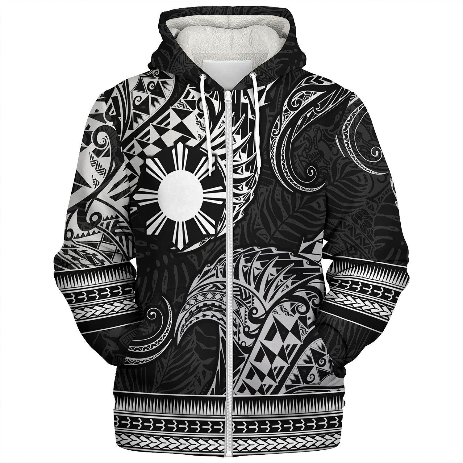 Philippines Filipinos Sherpa Hoodie Filipino Coat Of Arms With Leaves and Tribal Patterns