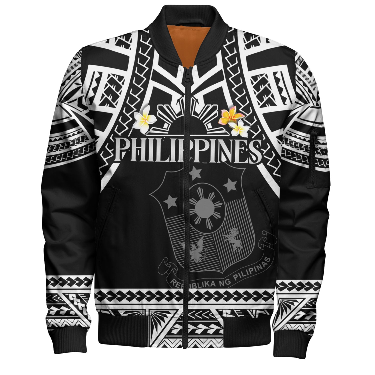 Philippines Filipinos Custom Personalised Bomber Jacket Filipinos Plumeria Flowers Mix Tribal Patterns