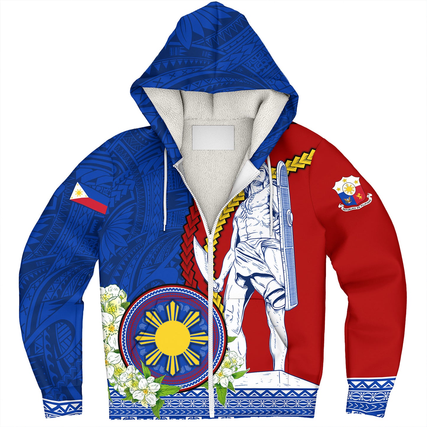 Philippines Filipinos Sherpa Hoodie Lapu Lapu King Jasmine Flowers Curve Design