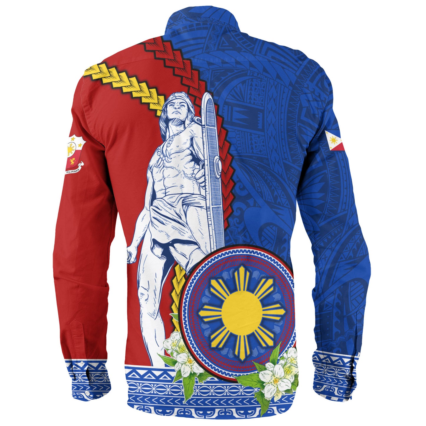 Philippines Filipinos Long Sleeve Shirt Lapu Lapu King Jasmine Flowers Curve Design