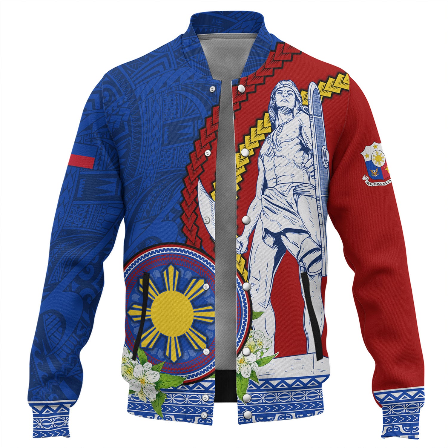 Philippines Filipinos Baseball Jacket Lapu Lapu King Jasmine Flowers Curve Design