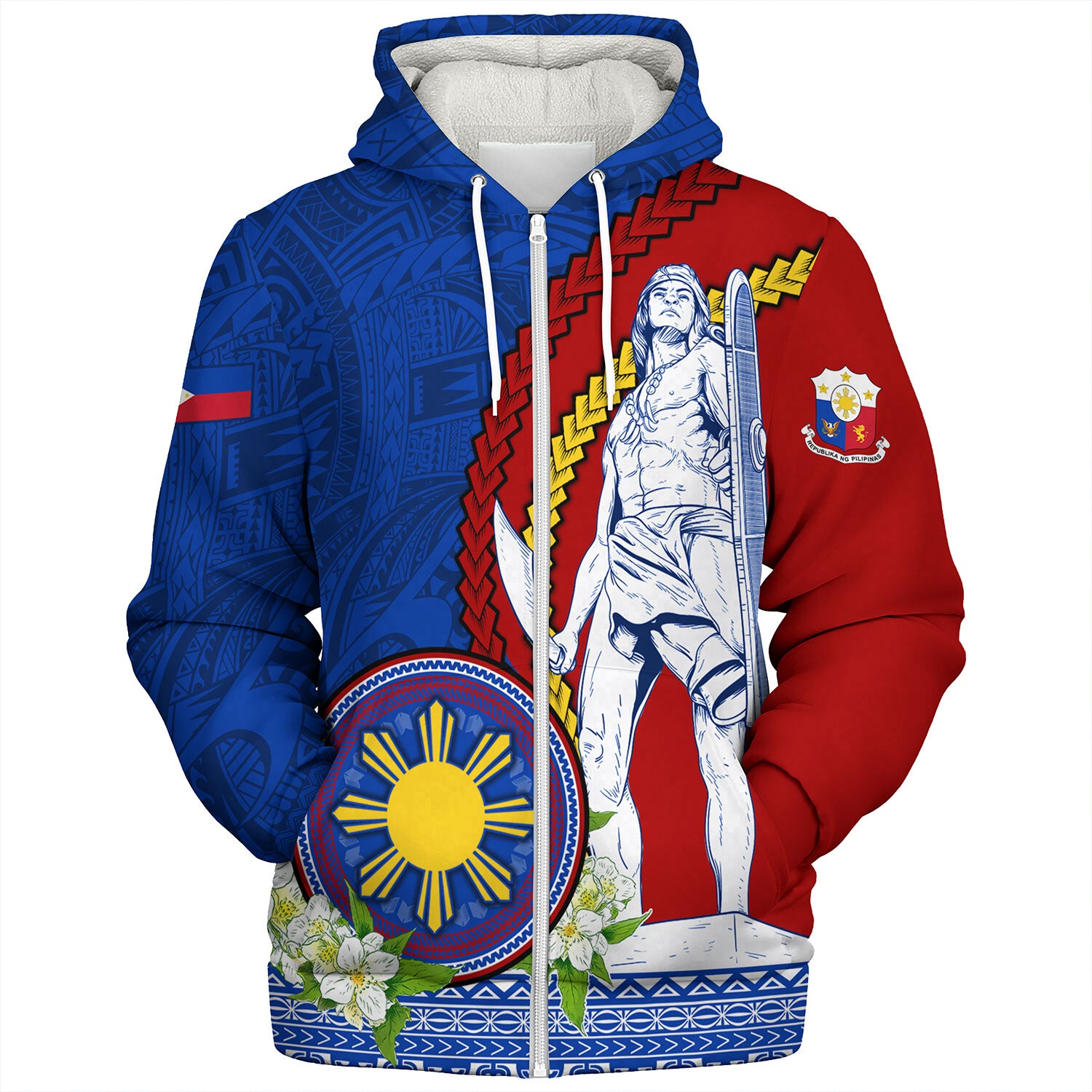 Philippines Filipinos Sherpa Hoodie Lapu Lapu King Jasmine Flowers Curve Design