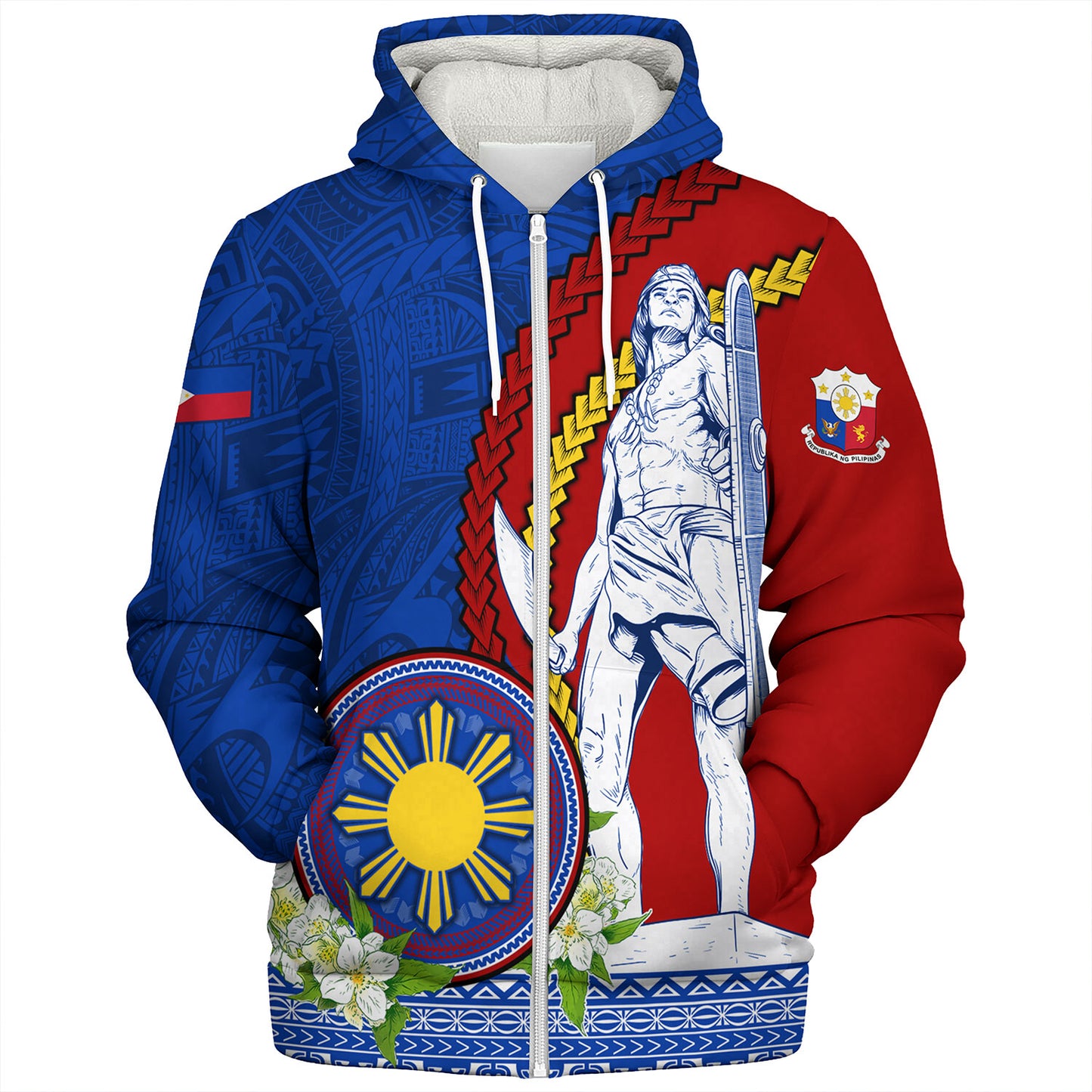 Philippines Filipinos Sherpa Hoodie Lapu Lapu King Jasmine Flowers Curve Design