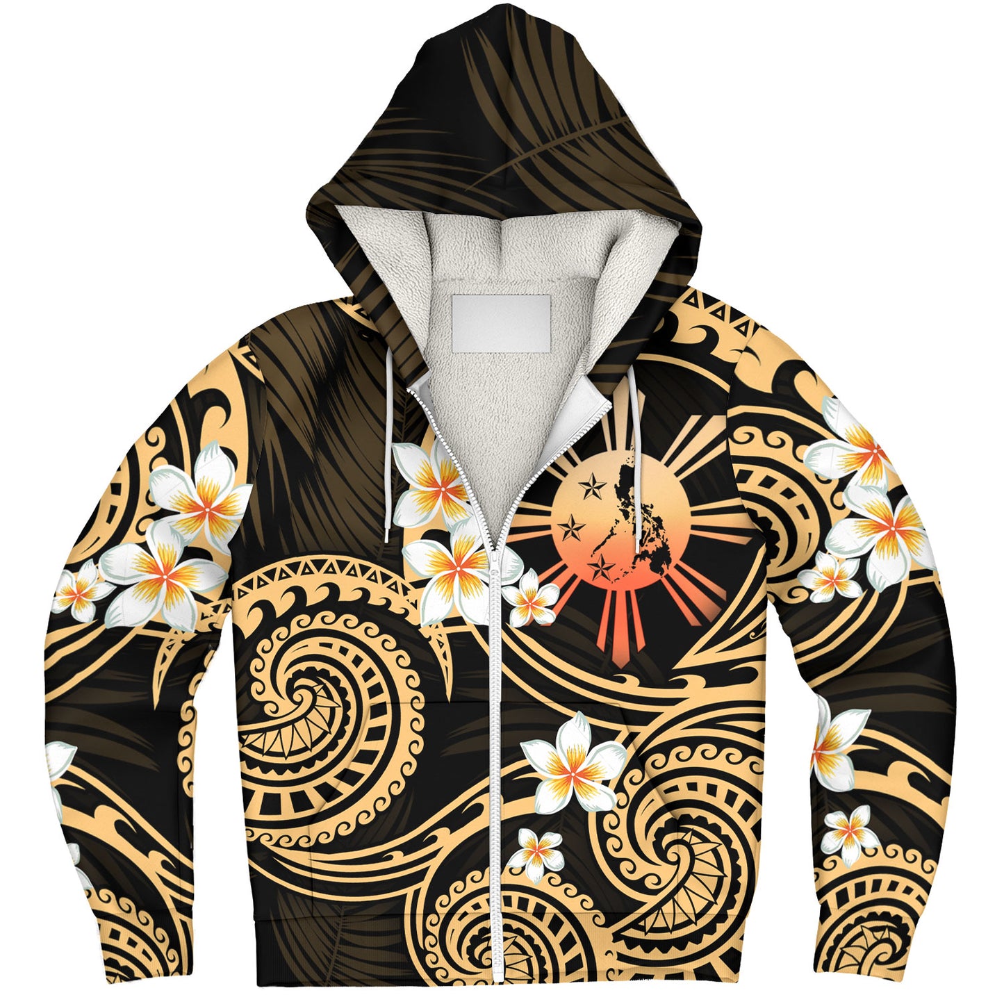 Philippines Filipinos Sherpa Hoodie Plumeria Flowers Tribal Motif Style