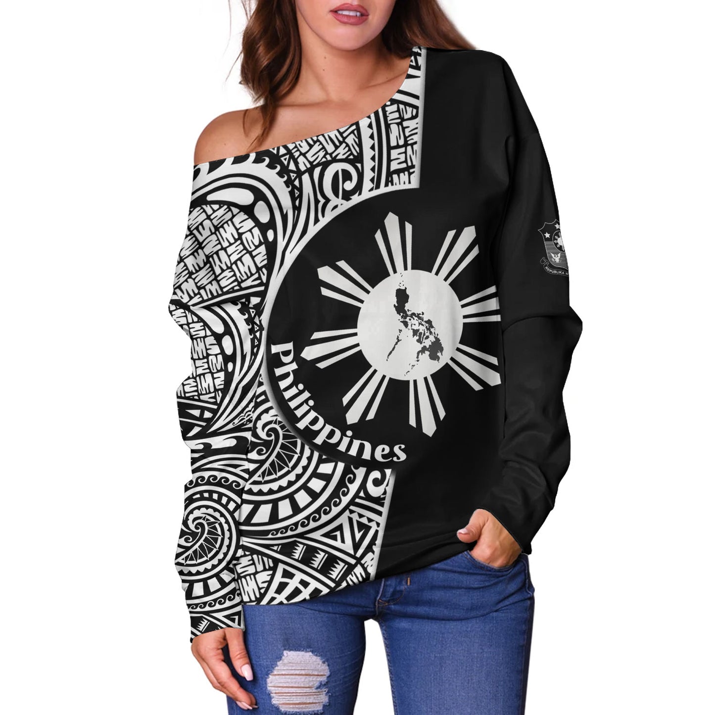 Philippines Filipinos Custom Personalised Off Shoulder Sweatshirt Sun And Map Lauhala Patterns Style