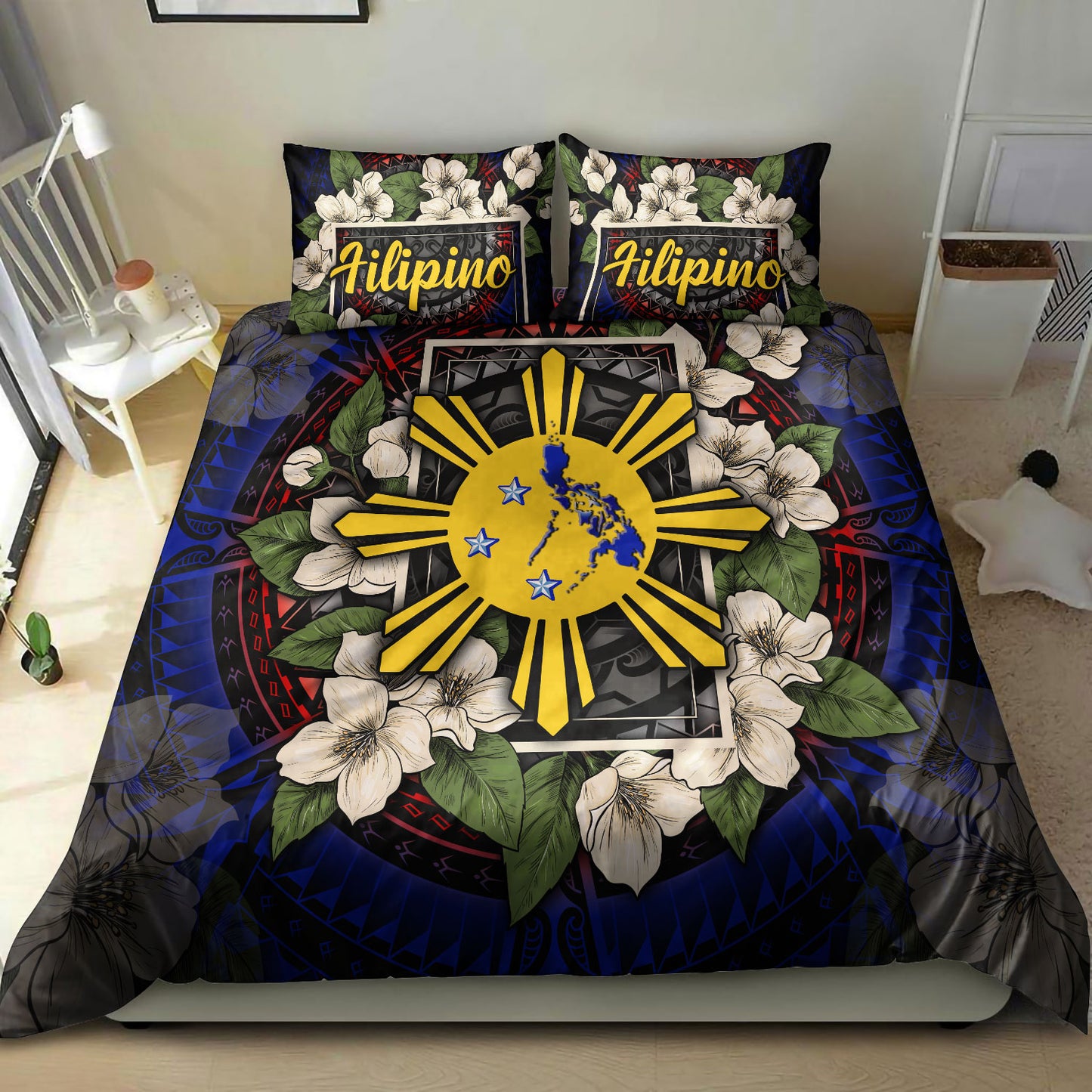 Philippines Filipino Bedding Set Sun And Map Jasmine Flowers Vintage Style