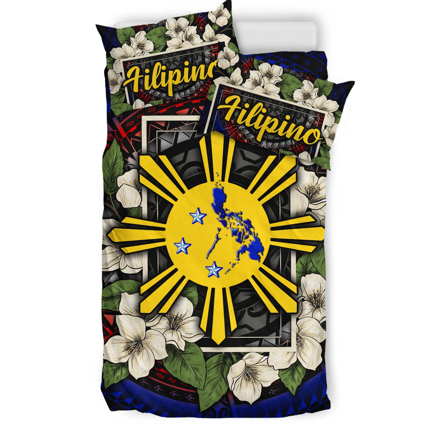 Philippines Filipino Bedding Set Sun And Map Jasmine Flowers Vintage Style