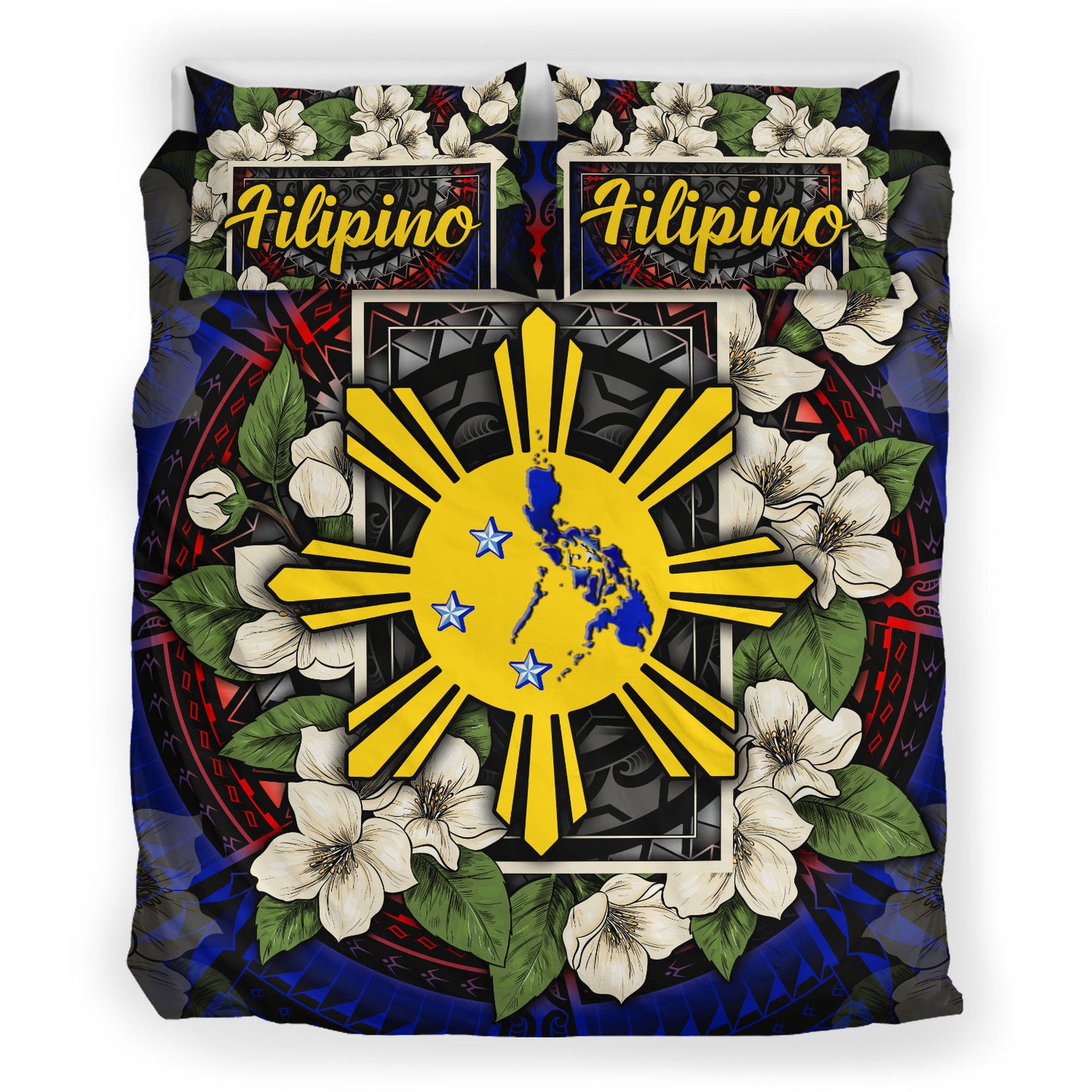 Philippines Filipino Bedding Set Sun And Map Jasmine Flowers Vintage Style