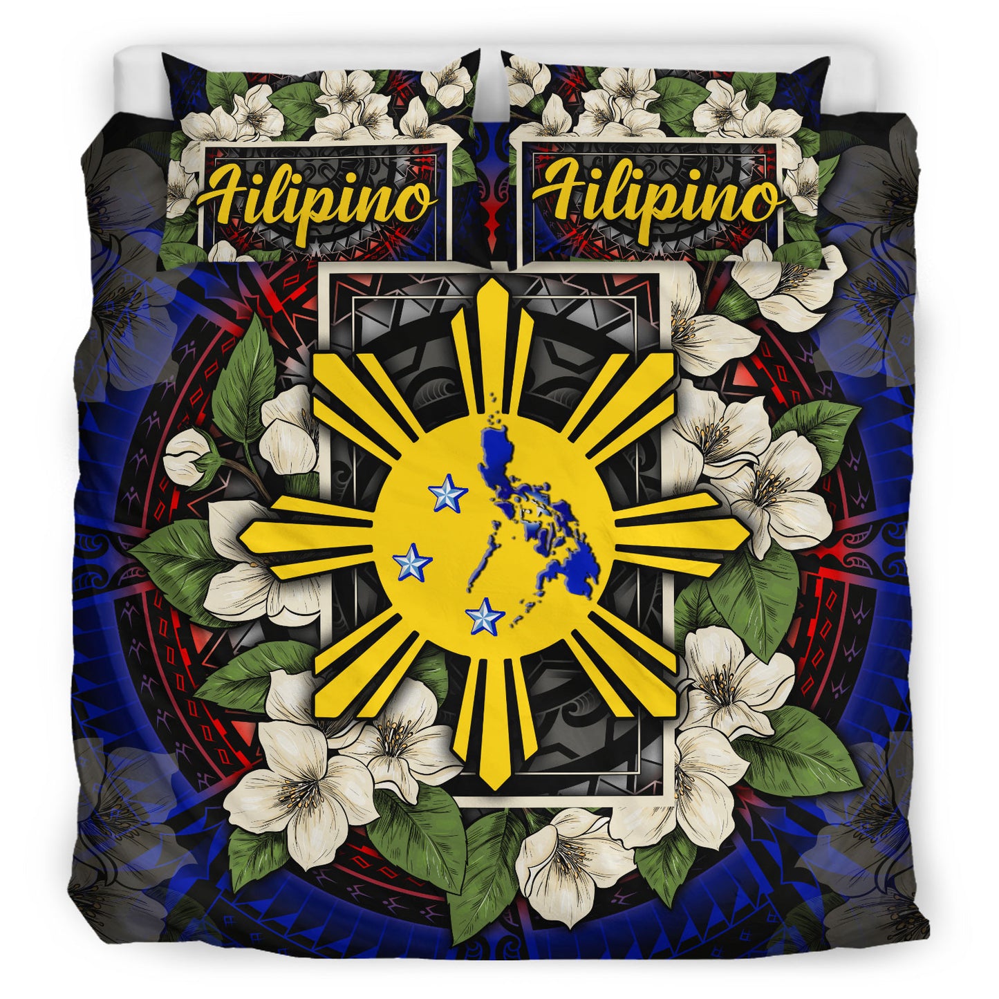 Philippines Filipino Bedding Set Sun And Map Jasmine Flowers Vintage Style