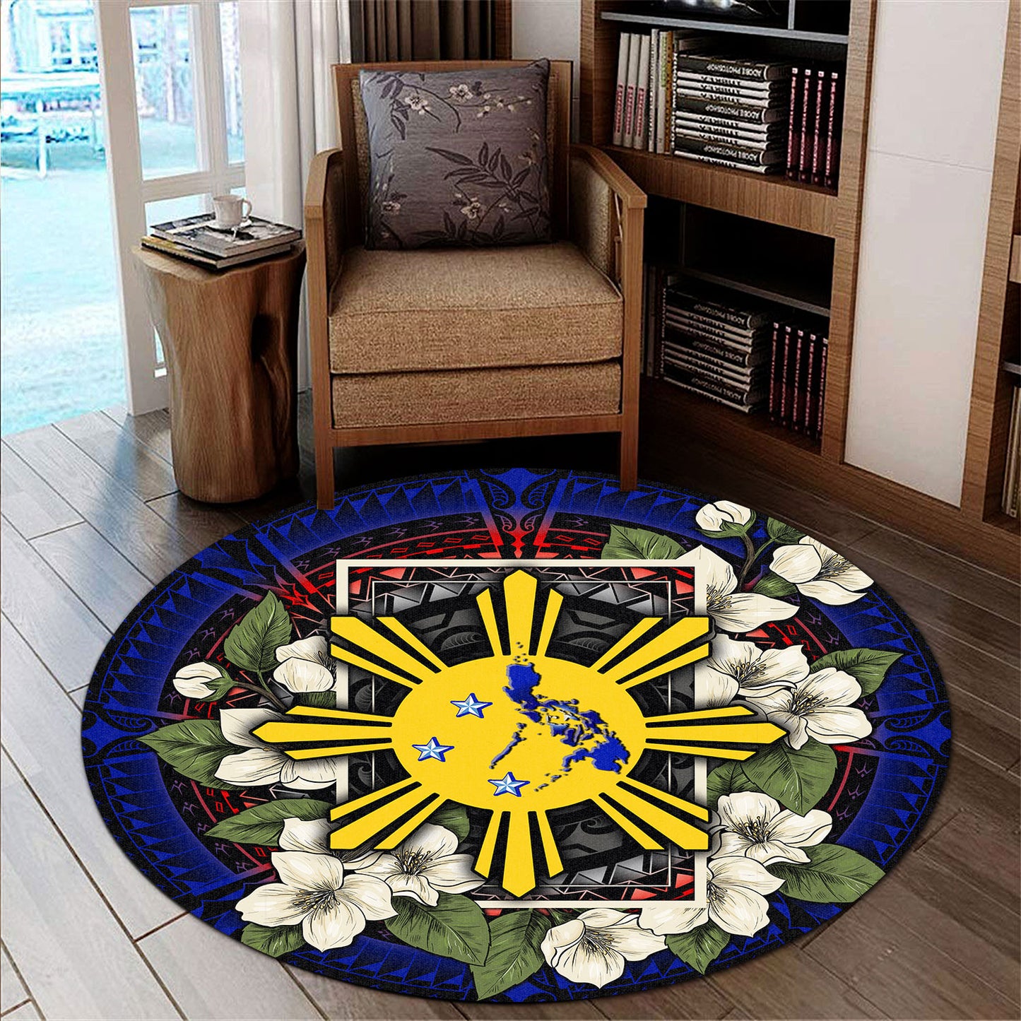 Philippines Filipino Round Rug Sun And Map Jasmine Flowers Vintage Style