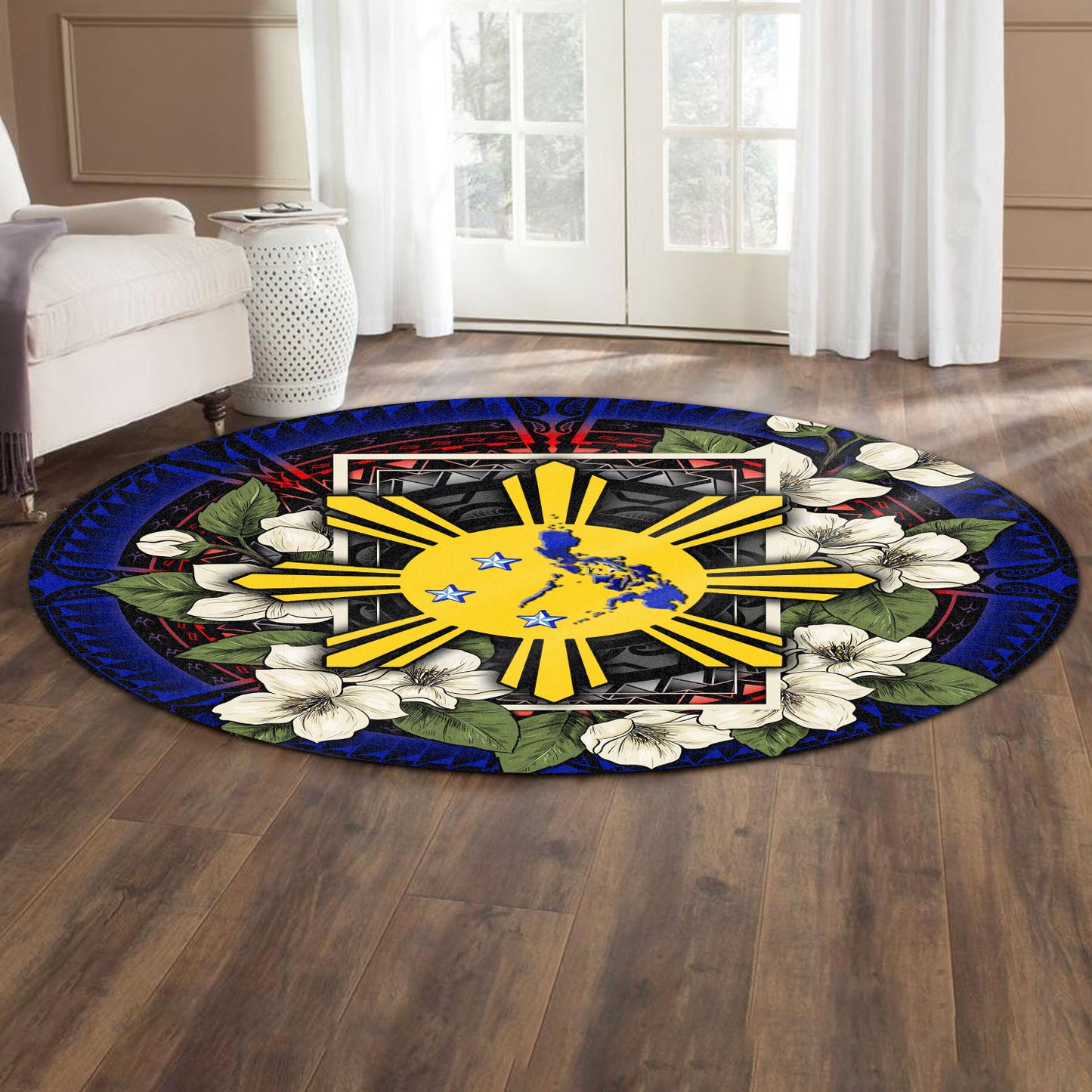 Philippines Filipino Round Rug Sun And Map Jasmine Flowers Vintage Style
